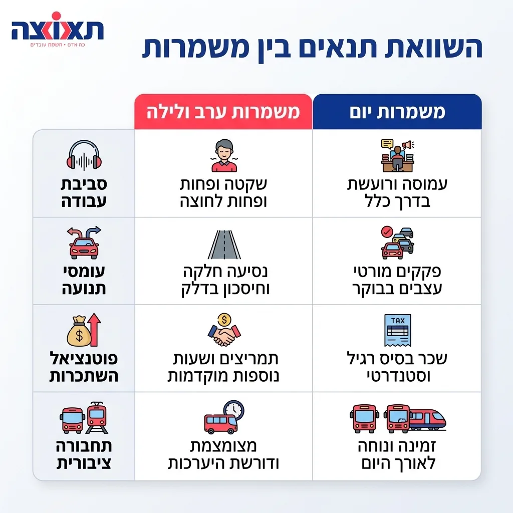 אינפוגרפיקה — השוואת תנאים בין משמרות: השוואה בין משמרות ערב ולילה, משמרות יום