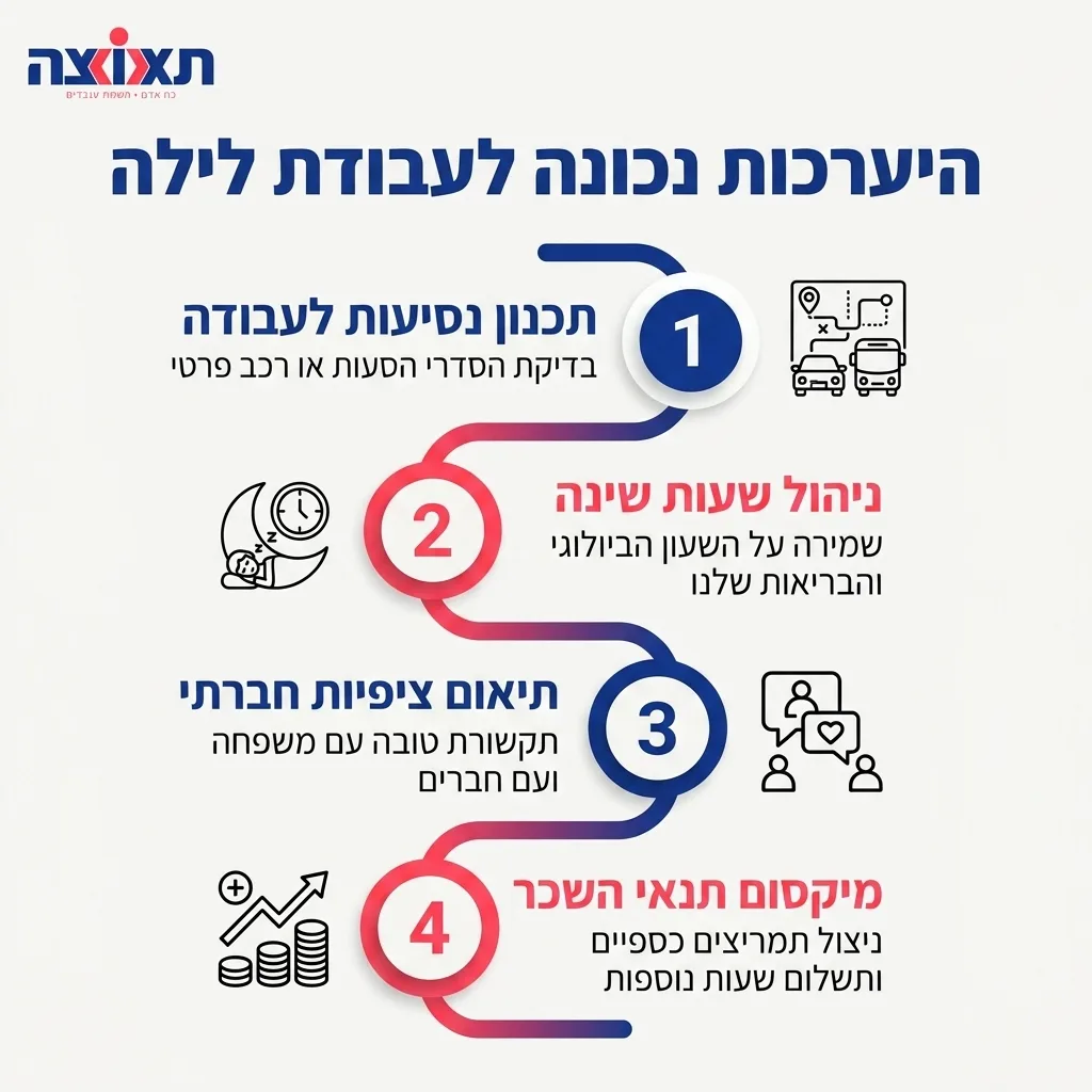 אינפוגרפיקה — היערכות נכונה לעבודת לילה: תכנון נסיעות לעבודה, ניהול שעות שינה, תיאום ציפיות חברתי, מיקסום תנאי השכר
