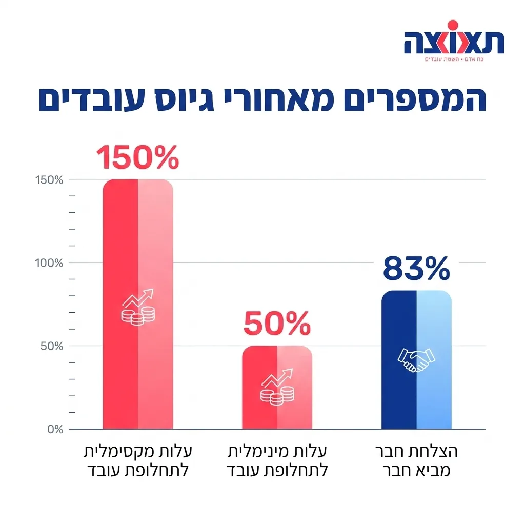 אינפוגרפיקה — המספרים מאחורי גיוס עובדים: הצלחת חבר מביא חבר, עלות מינימלית לתחלופת עובד, עלות מקסימלית לתחלופת עובד