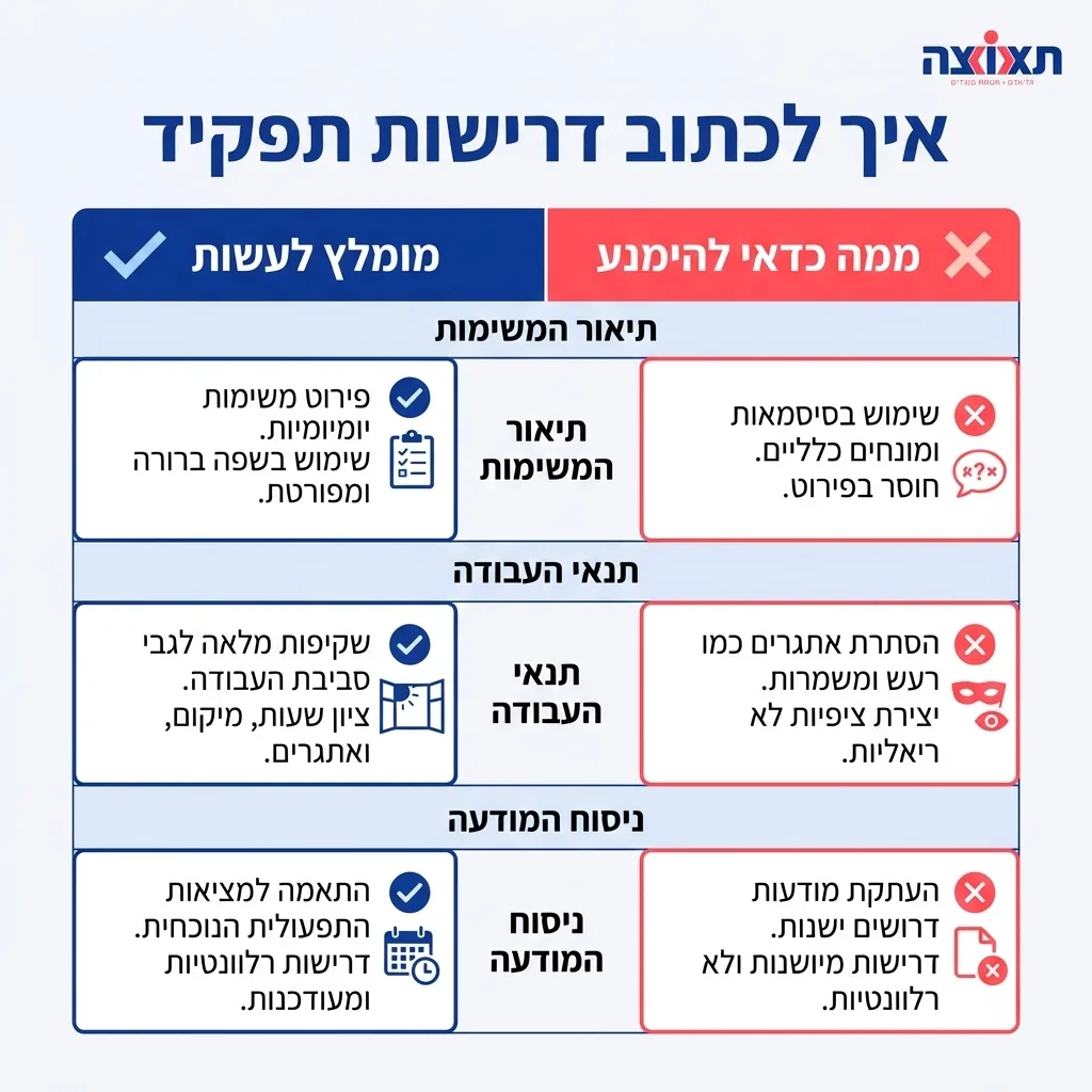 אינפוגרפיקה — איך לכתוב דרישות תפקיד: השוואה בין מומלץ לעשות, ממה כדאי להימנע