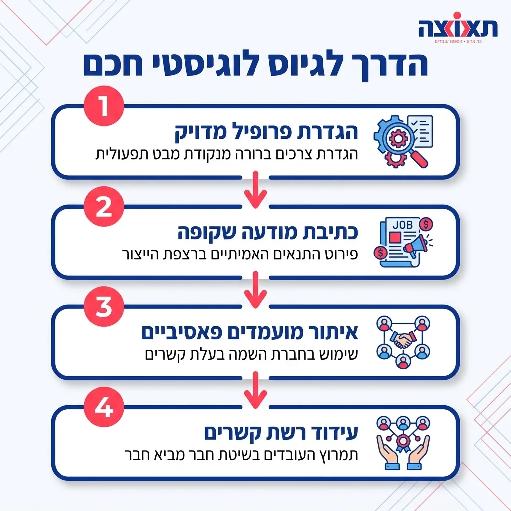 אינפוגרפיקה — הדרך לגיוס לוגיסטי חכם: הגדרת פרופיל מדויק, כתיבת מודעה שקופה, איתור מועמדים פאסיביים, עידוד רשת קשרים