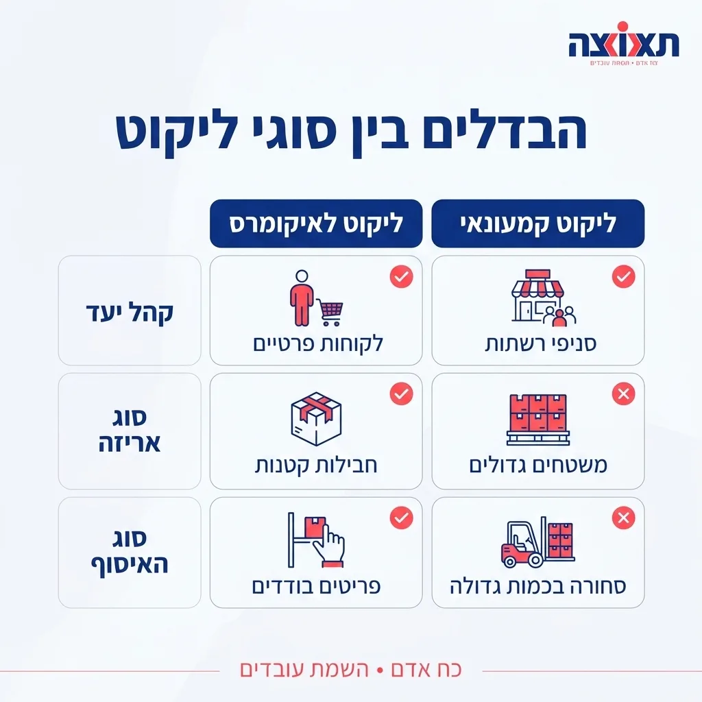 אינפוגרפיקה — הבדלים בין סוגי ליקוט: השוואה בין ליקוט לאיקומרס, ליקוט קמעונאי