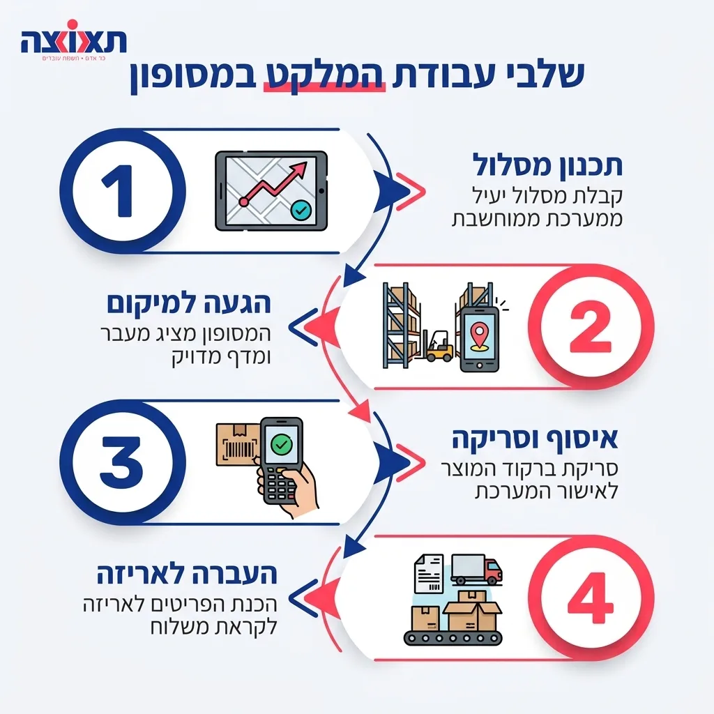 אינפוגרפיקה — שלבי עבודת המלקט במסופון: תכנון מסלול, הגעה למיקום, איסוף וסריקה, העברה לאריזה