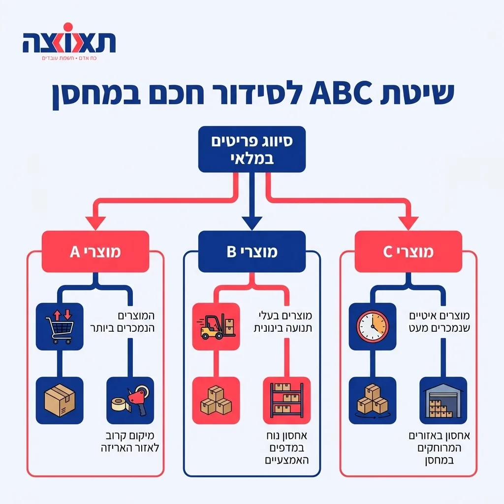 אינפוגרפיקה — שיטת ABC לסידור חכם במחסן: סיווג פריטים במלאי