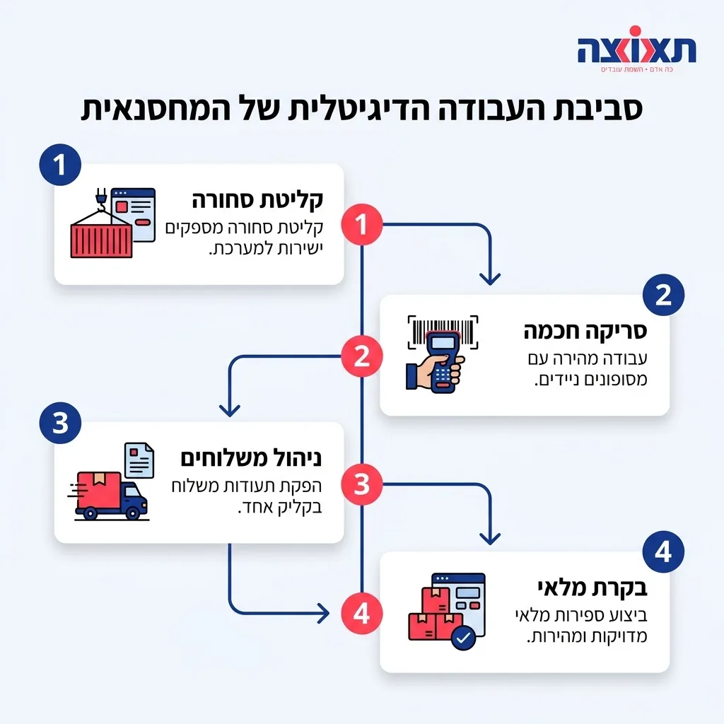 אינפוגרפיקה — סביבת העבודה הדיגיטלית של המחסנאית: קליטת סחורה, סריקה חכמה, ניהול משלוחים, בקרת מלאי