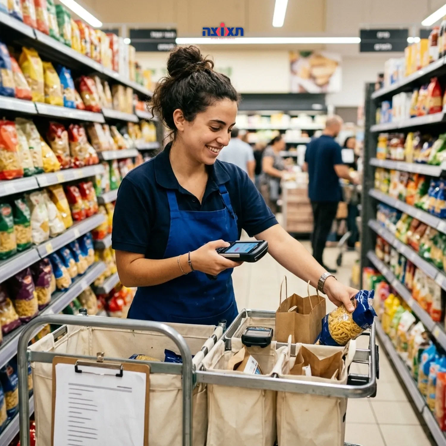 צילום ריאליסטי של עובדת סופרמרקט צעירה מחייכת, לבושה באפוד עבודה מסודר, מלקטת מוצרים לעגלת הזמנות אונליין בין מעברי הסופרמרקט המוארים, מחזיקה מסופון סריקה ביד.