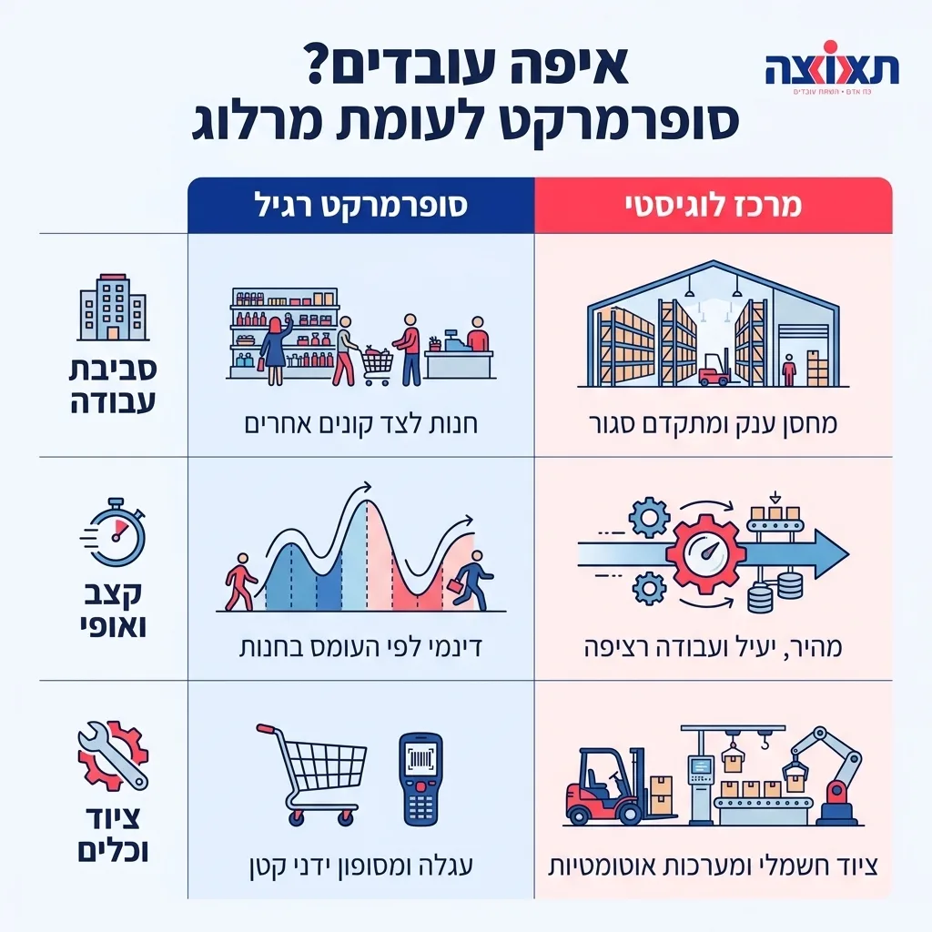 אינפוגרפיקה — איפה עובדים? סופרמרקט לעומת מרלוג: השוואה בין סופרמרקט רגיל, מרכז לוגיסטי