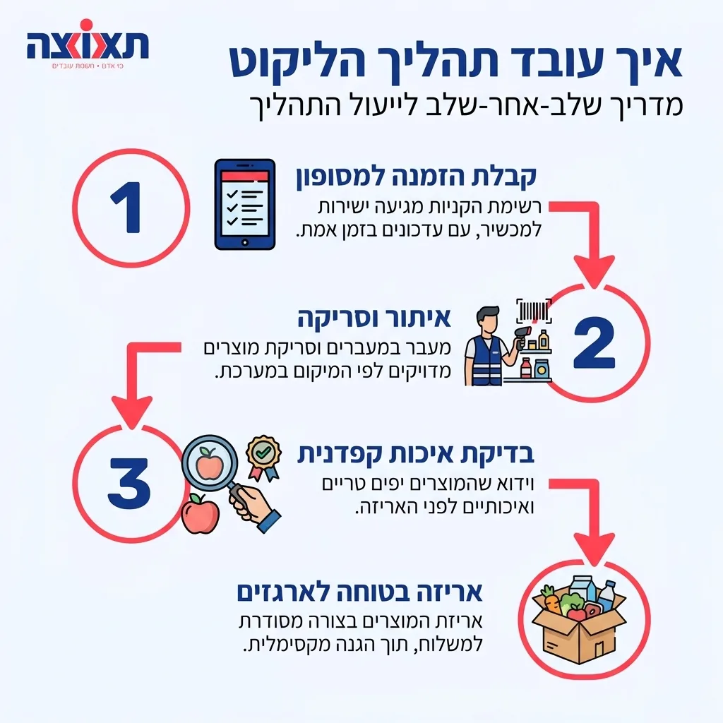 אינפוגרפיקה — איך עובד תהליך הליקוט: קבלת הזמנה למסופון, איתור וסריקה, בדיקת איכות קפדנית, אריזה בטוחה לארגזים