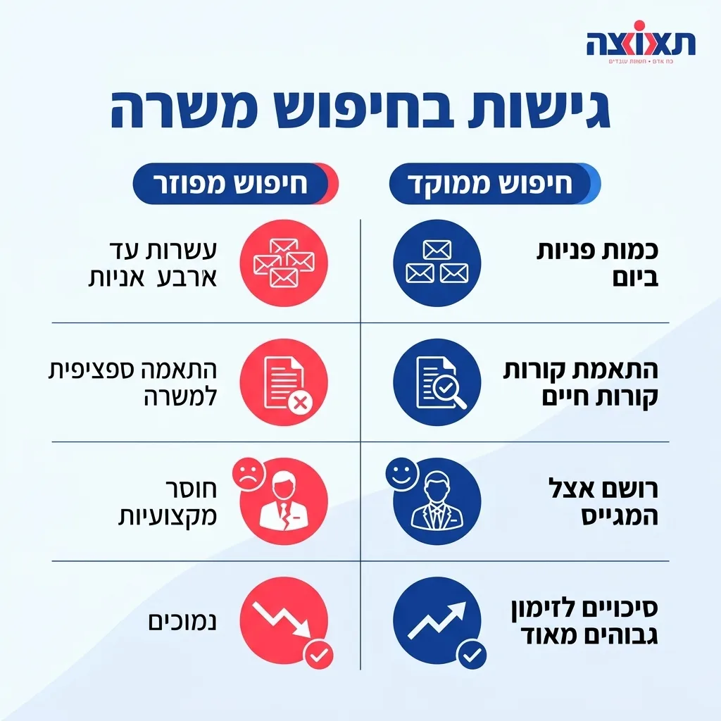 אינפוגרפיקה — גישות בחיפוש משרה: השוואה בין חיפוש מפוזר, חיפוש ממוקד