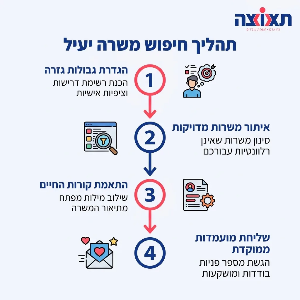 אינפוגרפיקה — תהליך חיפוש משרה יעיל: הגדרת גבולות גזרה, איתור משרות מדויקות, התאמת קורות החיים, שליחת מועמדות ממוקדת