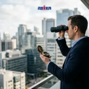 אדם מחזיק מצפן או משקפת, מביט קדימה לעבר בנייני משרדים.