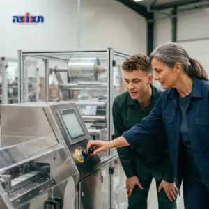 חונך מסביר לעובד חדש וצעיר איך לתפעל מכונת אריזה במפעל.