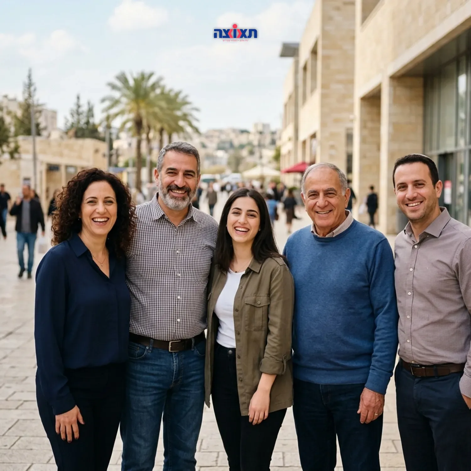 צילום פוטו-ריאליסטי של קבוצת עובדים מגוונת בגילים שונים עומדת יחד בחיוך מחוץ למרכז מסחרי בירושלים, אור שמש בהיר, אווירה חיובית ותאורה טבעית