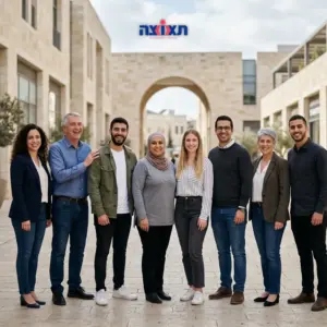 קבוצת עובדים מגוונת בגילים שונים עומדת יחד בחיוך מחוץ למרכז מסחרי בירושלים.
