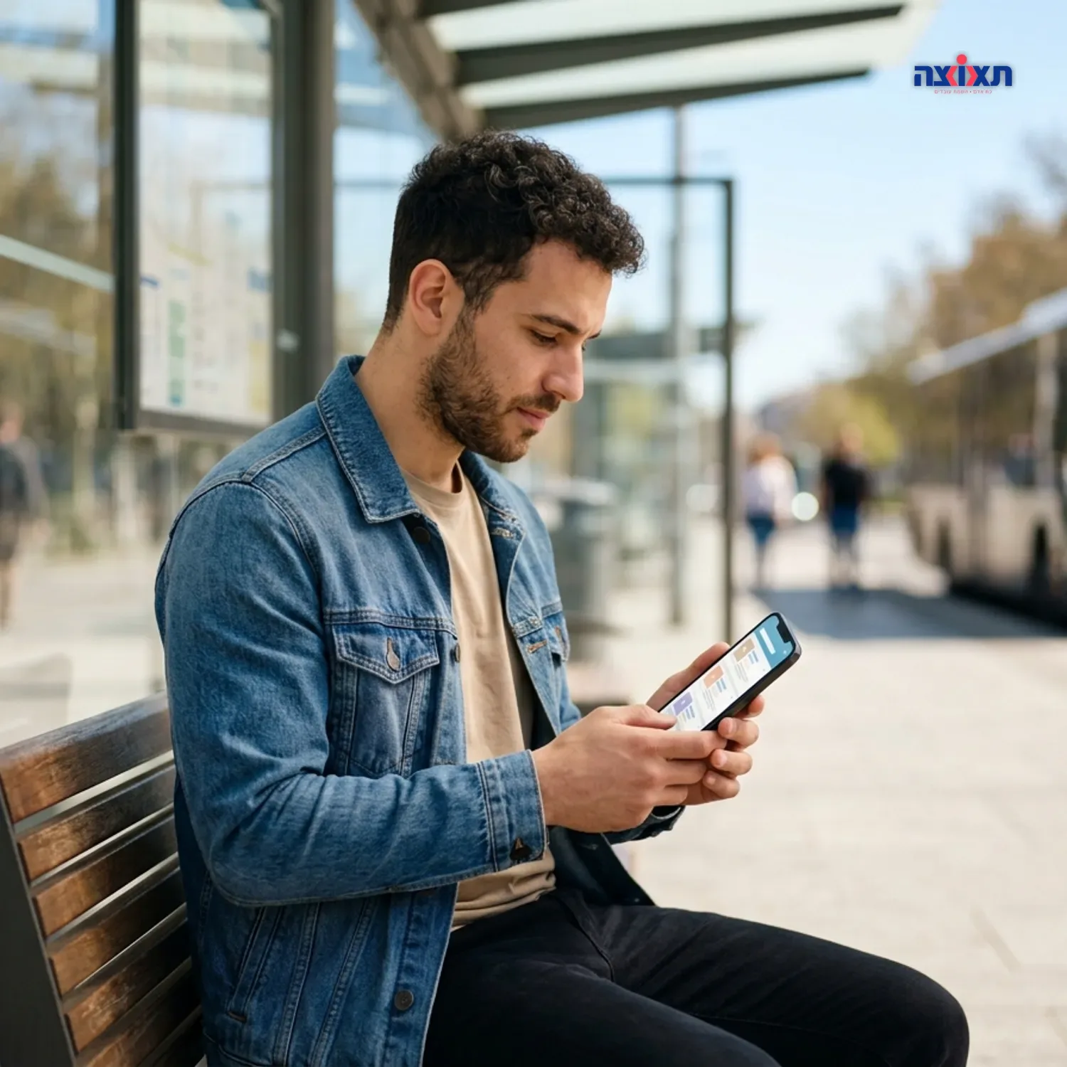 צילום ריאליסטי של אדם צעיר יושב בתחנת אוטובוס ביום שמשי, מחזיק סמארטפון ביד וגולש באפליקציית דרושים, צילום חד עם עומק שדה רדוד
