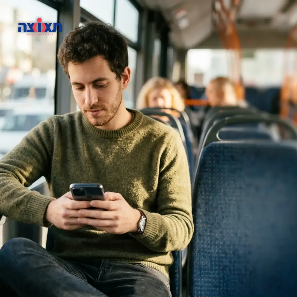 אדם באוטובוס גולש בסמארטפון ומוצא מודעת דרושים דרך פייסבוק או אתר תאוצה.