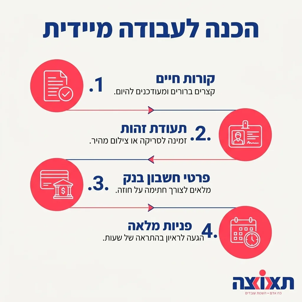 אינפוגרפיקה — הכנה לעבודה מיידית: קורות חיים, תעודת זהות, פרטי חשבון בנק, פניות מלאה