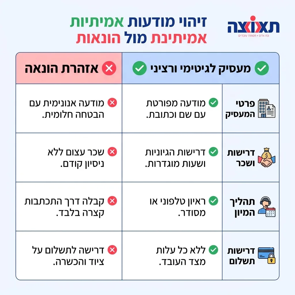 אינפוגרפיקה — זיהוי מודעות אמיתיות מול הונאות: השוואה בין מעסיק לגיטימי ורציני, אזהרת הונאה
