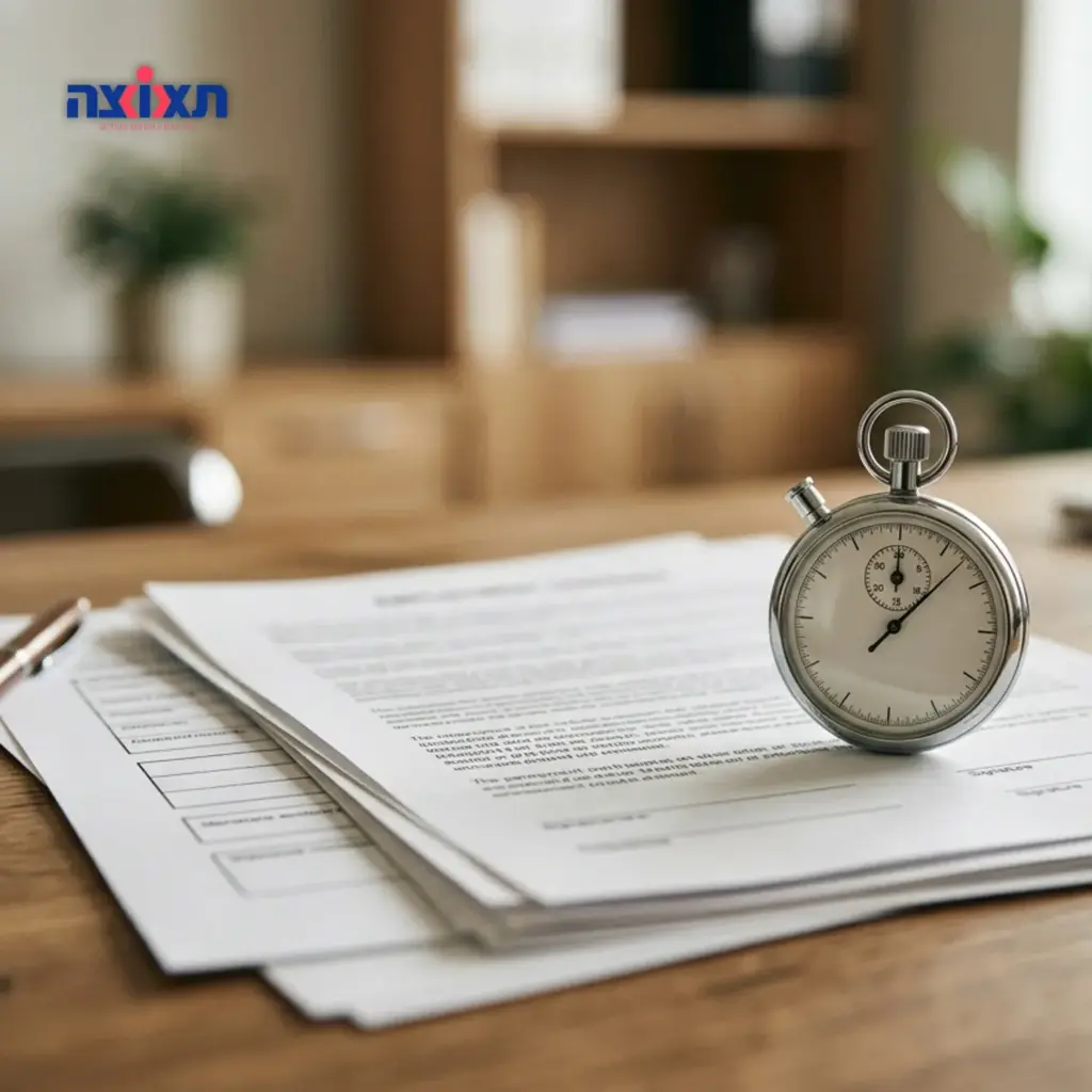 שעון עצר על רקע חוזה עבודה או טופס קליטה במשרד HR.