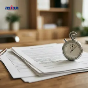 שעון עצר על רקע חוזה עבודה או טופס קליטה במשרד HR.