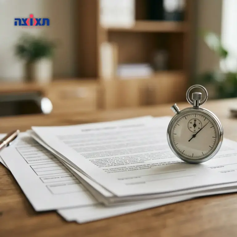 שעון עצר על רקע חוזה עבודה או טופס קליטה במשרד HR.