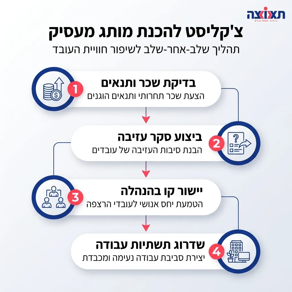 אינפוגרפיקה — צ'קליסט להכנת מותג מעסיק: בדיקת שכר ותנאים, ביצוע סקר עזיבה, יישור קו בהנהלה, שדרוג תשתיות עבודה