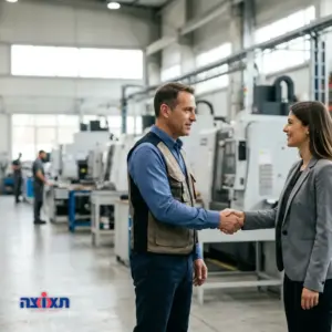 מנהל תפעול לוחץ יד בשטח המפעל או המרלו"ג עם נציג מקצועי.