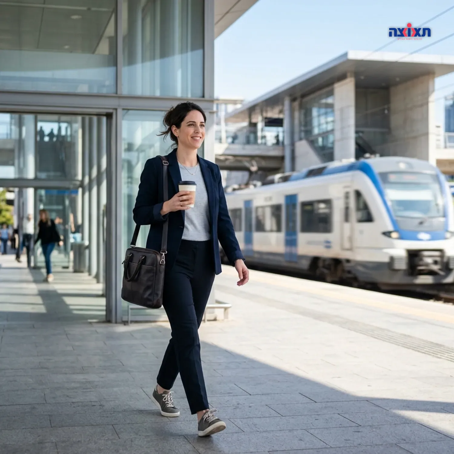 צילום ריאליסטי של עובדת הייטק יוצאת מתחנת רכבת מודרנית ביום שמש, אוחזת כוס קפה ותיק צד, רכבת חולפת ברקע, פוקוס חד