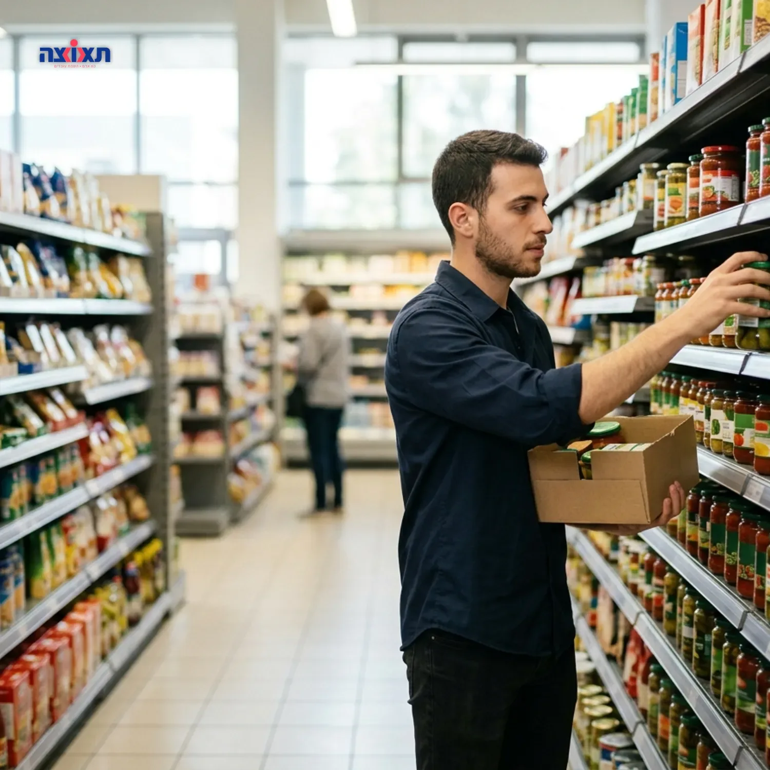 צילום ריאליסטי של צעיר בחולצת עבודה מסדר סחורה על מדפים בסופרמרקט גדול ומואר, מבט ממוקד, תאורה טבעית חזקה