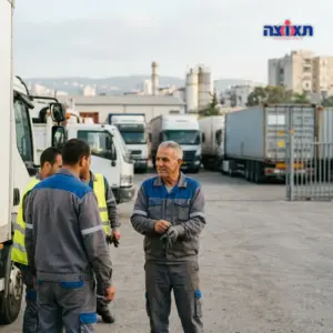צילום עירוני של אזור הקריות עם משאיות הובלה או עובדים במדי עבודה יוצאים למשמרת.