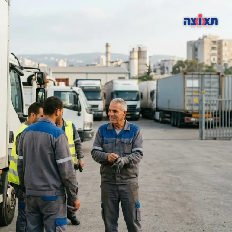 צילום עירוני של אזור הקריות עם משאיות הובלה או עובדים במדי עבודה יוצאים למשמרת.