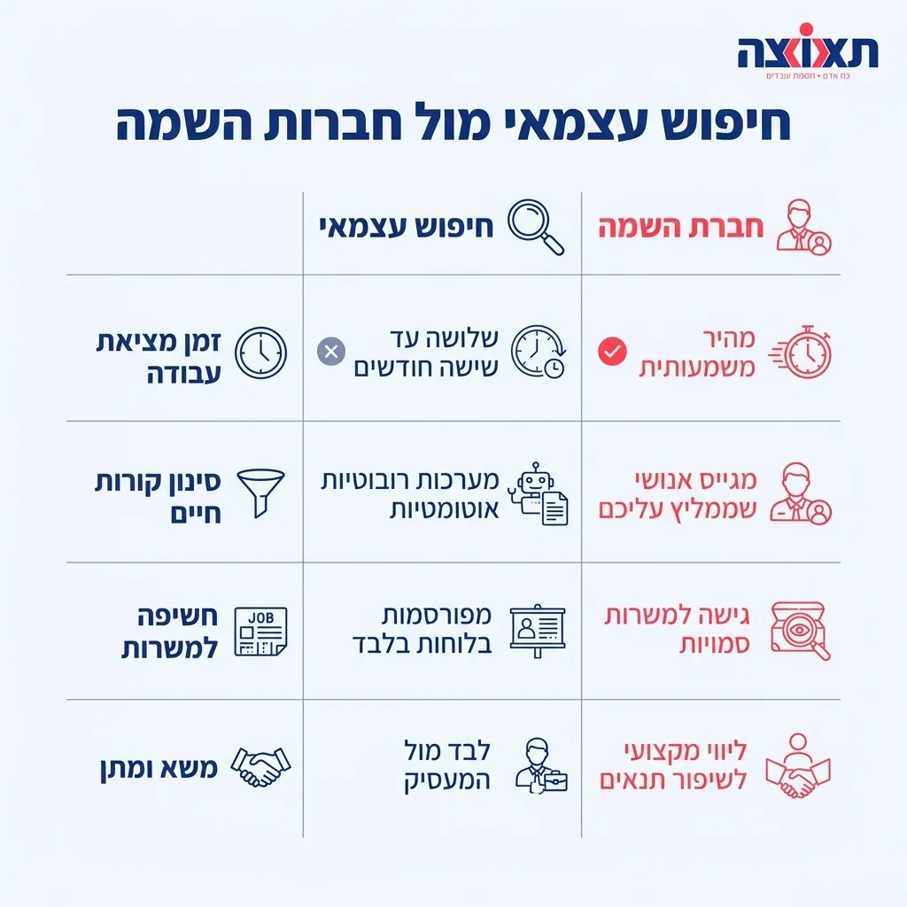 אינפוגרפיקה — חיפוש עצמאי מול חברות השמה: השוואה בין חיפוש עצמאי, חברת השמה