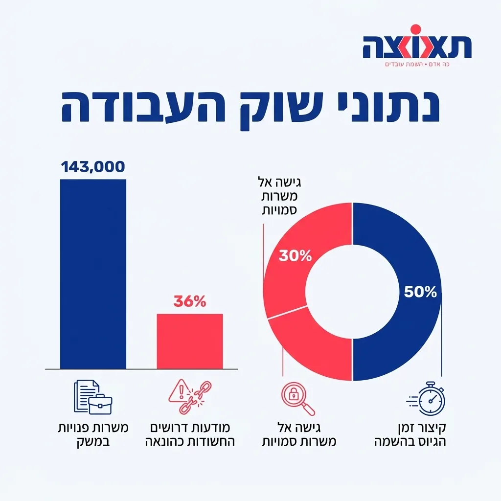 אינפוגרפיקה — נתוני שוק העבודה: משרות פנויות במשק, מודעות דרושים החשודות כהונאה, קיצור זמן הגיוס בהשמה, גישה אל משרות סמויות