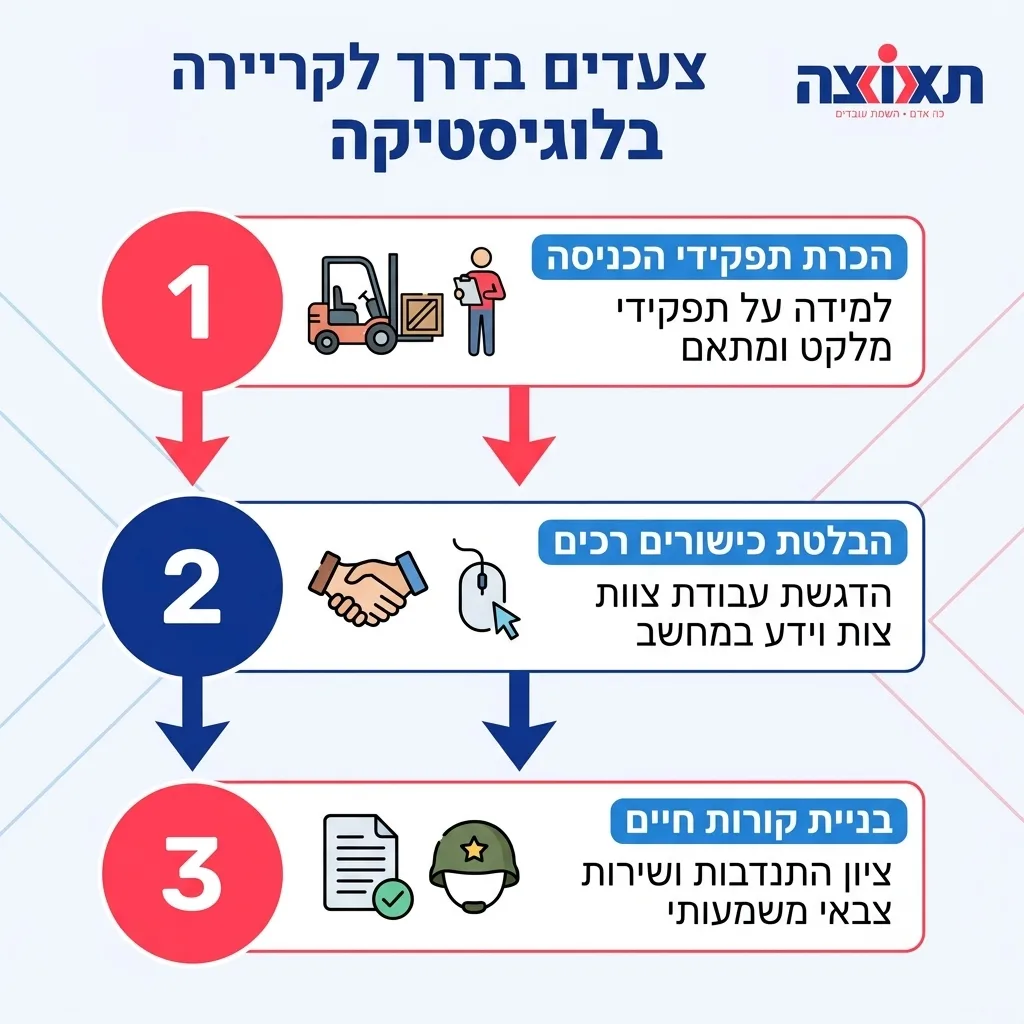 אינפוגרפיקה — צעדים בדרך לקריירה בלוגיסטיקה: הכרת תפקידי הכניסה, הבלטת כישורים רכים, בניית קורות חיים