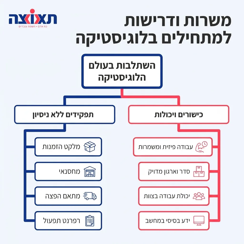 אינפוגרפיקה — משרות ודרישות למתחילים בלוגיסטיקה: השתלבות בעולם הלוגיסטיקה