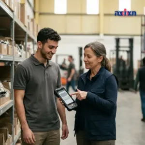 עובד צעיר עם חיוך מקבל הדרכה מראש צוות בתוך מרכז קמעונאי או לוגיסטי.