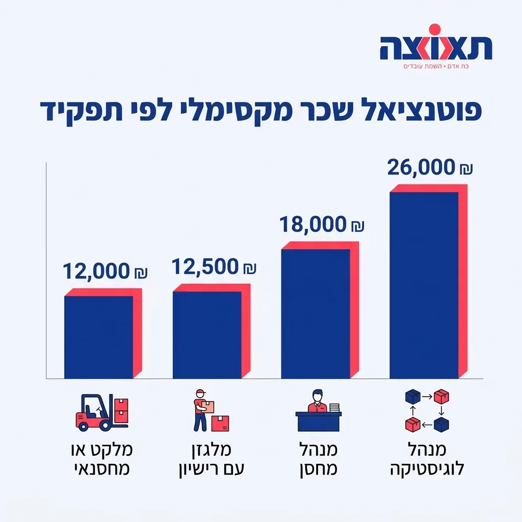 אינפוגרפיקה — פוטנציאל שכר מקסימלי לפי תפקיד: שכר מלקט או מחסנאי, שכר מלגזן עם רישיון, שכר מנהל מחסן, שכר מנהל לוגיסטיקה