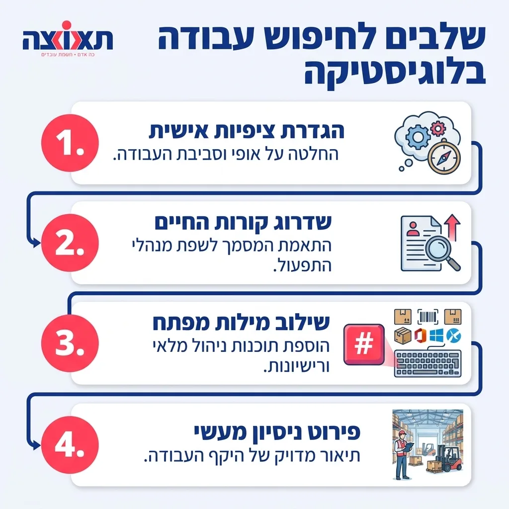 אינפוגרפיקה — שלבים לחיפוש עבודה בלוגיסטיקה: הגדרת ציפיות אישית, שדרוג קורות החיים, שילוב מילות מפתח, פירוט ניסיון מעשי