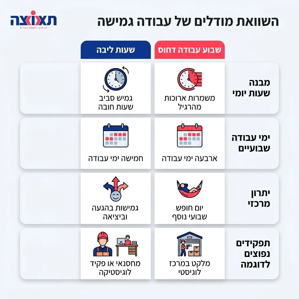 אינפוגרפיקה — השוואת מודלים של עבודה גמישה: השוואה בין שעות ליבה, שבוע עבודה דחוס