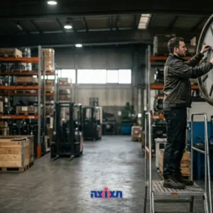 שעון קיר מעוצב במפעל או מחסן עם תאורת בוקר או לילה שמעבירה את תחושת המשמרות.